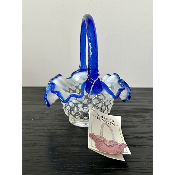 VTG Fenton Blue Opalescent Hobnail Glass Basket with Ruffled Edge New Old Stock - Picture 4 of 11